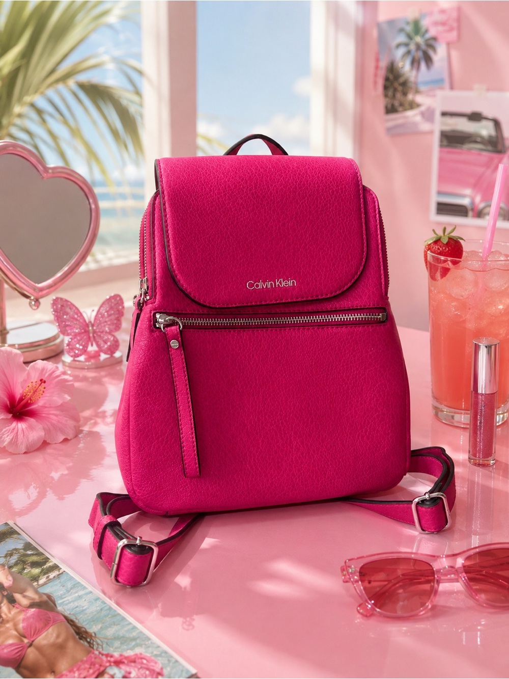 Calvin Klein Hot Pink Leather Backpack Silver Hardware Y2K Girly